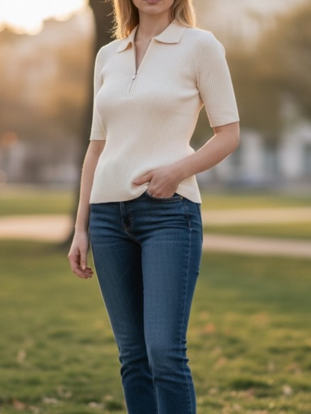 Cream Ribbed Zip-Up Polo Top